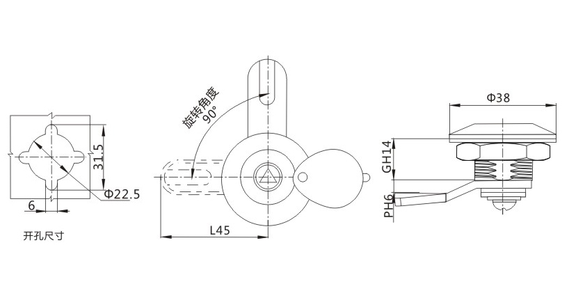 MS401-3K锁外形尺寸开孔尺寸图